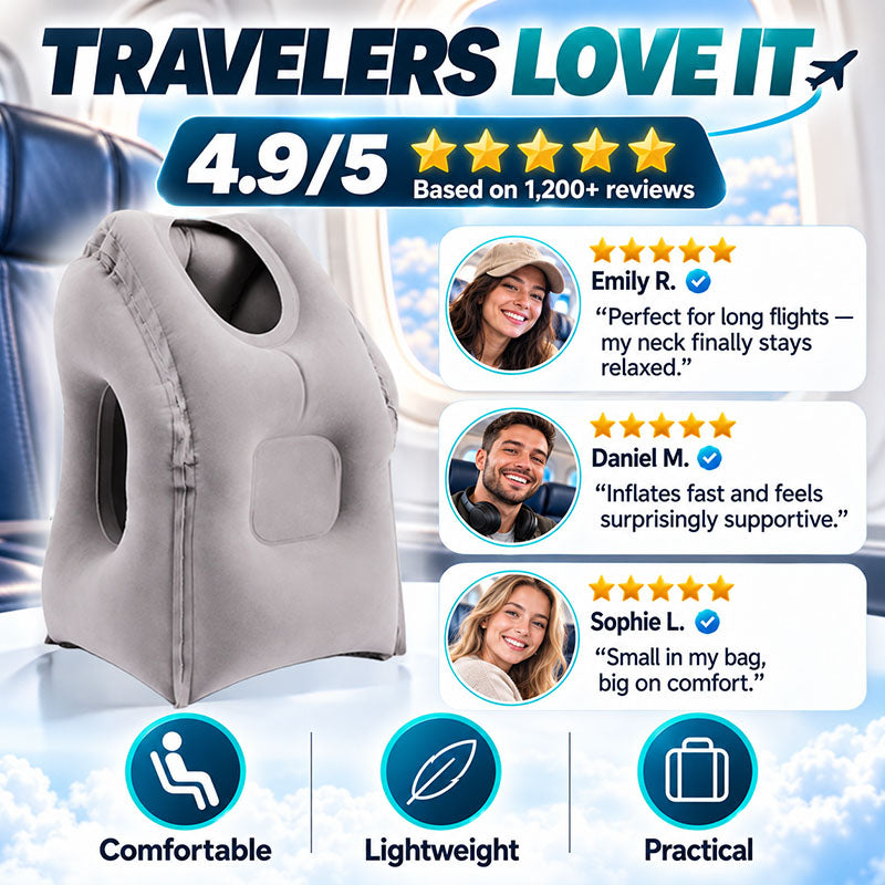 😴 LIMITED-TIME 50% OFF! ✈️ Inflatable Ergonomic Hollow-Cutout Travel Pillow – PVC Flocking, Quick Inflate, With Storage Bag ✨
