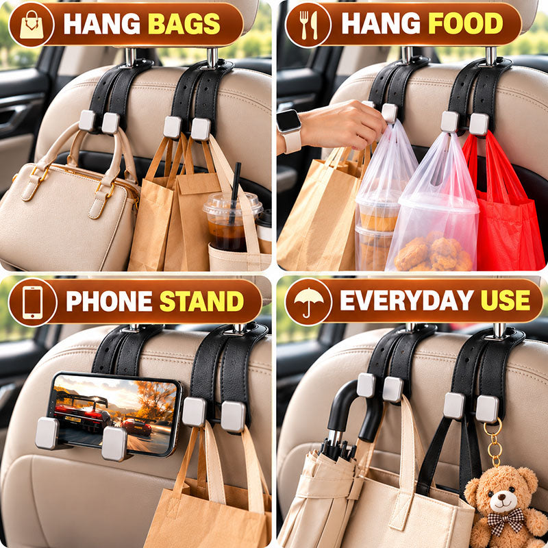 🔥2-in-1 Leather Car Seat Hook & Phone Mount for Purses, Bags & Drinks(La)