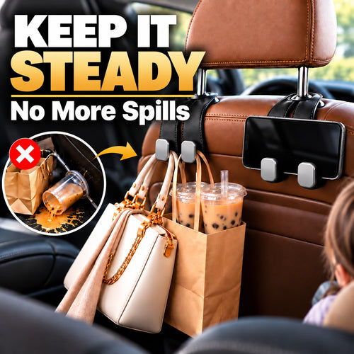 🥳2026 HOT SALE 🔥2-in-1 Leather Car Seat Hook & Phone Mount for Purses, Bags & Drinks
