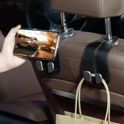 🔥2-in-1 Leather Car Seat Hook & Phone Mount for Purses, Bags & Drinks(La)