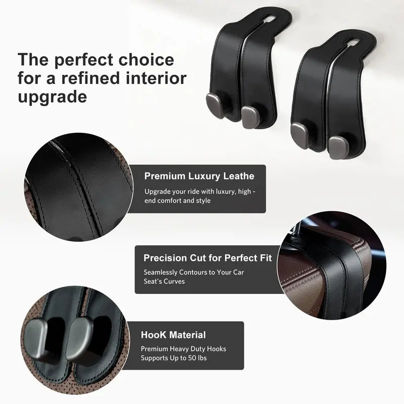 🥳2026 HOT SALE 🔥2-in-1 Leather Car Seat Hook & Phone Mount for Purses, Bags & Drinks