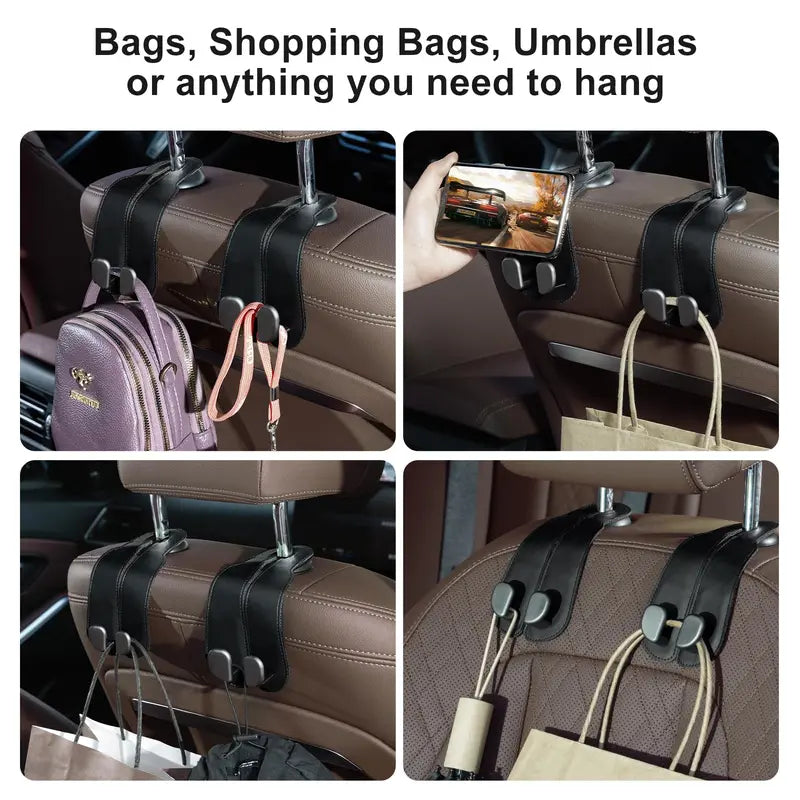 🥳2026 HOT SALE 🔥2-in-1 Leather Car Seat Hook & Phone Mount for Purses, Bags & Drinks