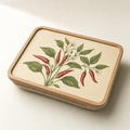 Wooden cushioned lap tray printed with a botanical study of a red chilli plant