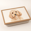Wooden cushioned lap tray printed with a watercolour cockapoo portrait