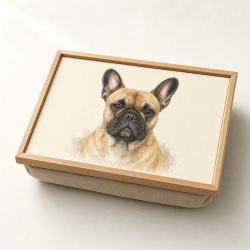 Wooden cushioned lap tray printed with a watercolour French bulldog portrait