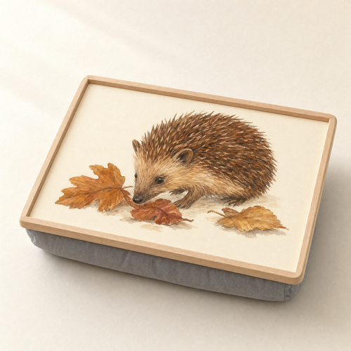 Wooden cushioned lap tray printed with a watercolour hedgehog among autumn leaves