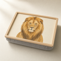 Wooden cushioned lap tray printed with a watercolour lion portrait