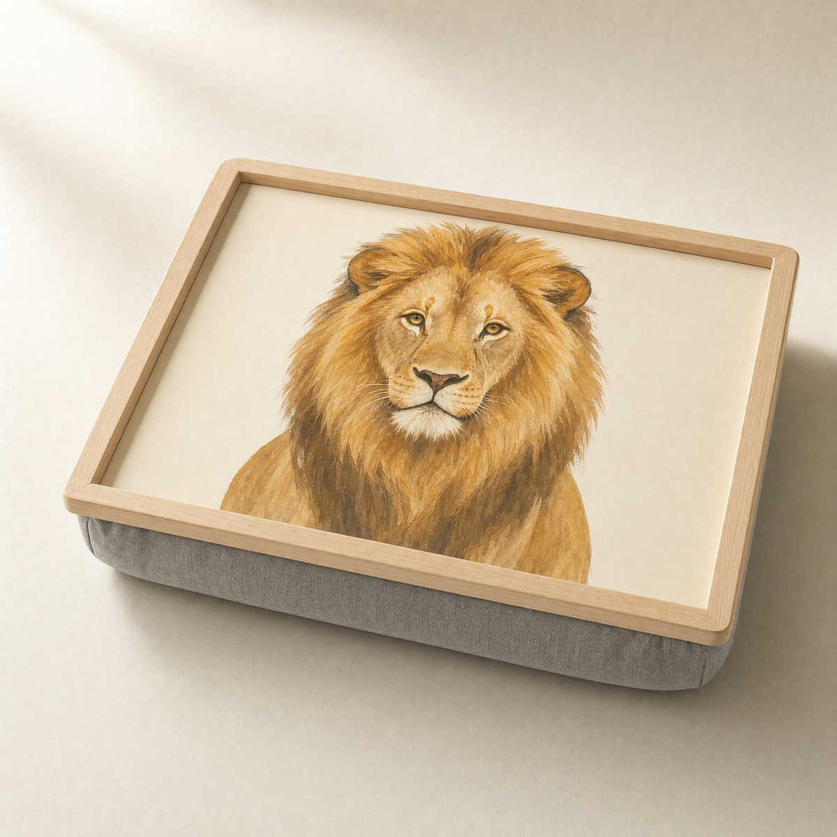 Wooden cushioned lap tray printed with a watercolour lion portrait