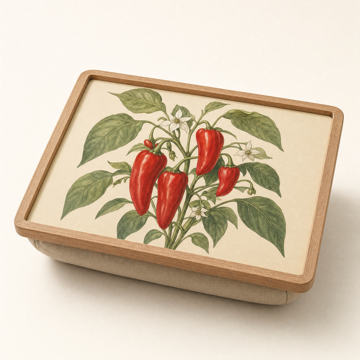 Wooden cushioned lap tray printed with a botanical study of a red paprika pepper plant