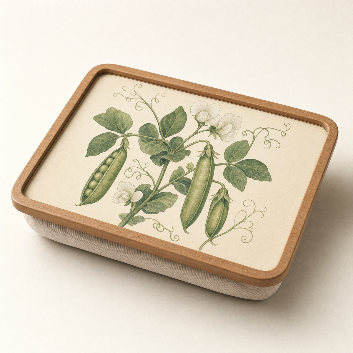 Wooden cushioned lap tray printed with a botanical study of a garden pea plant