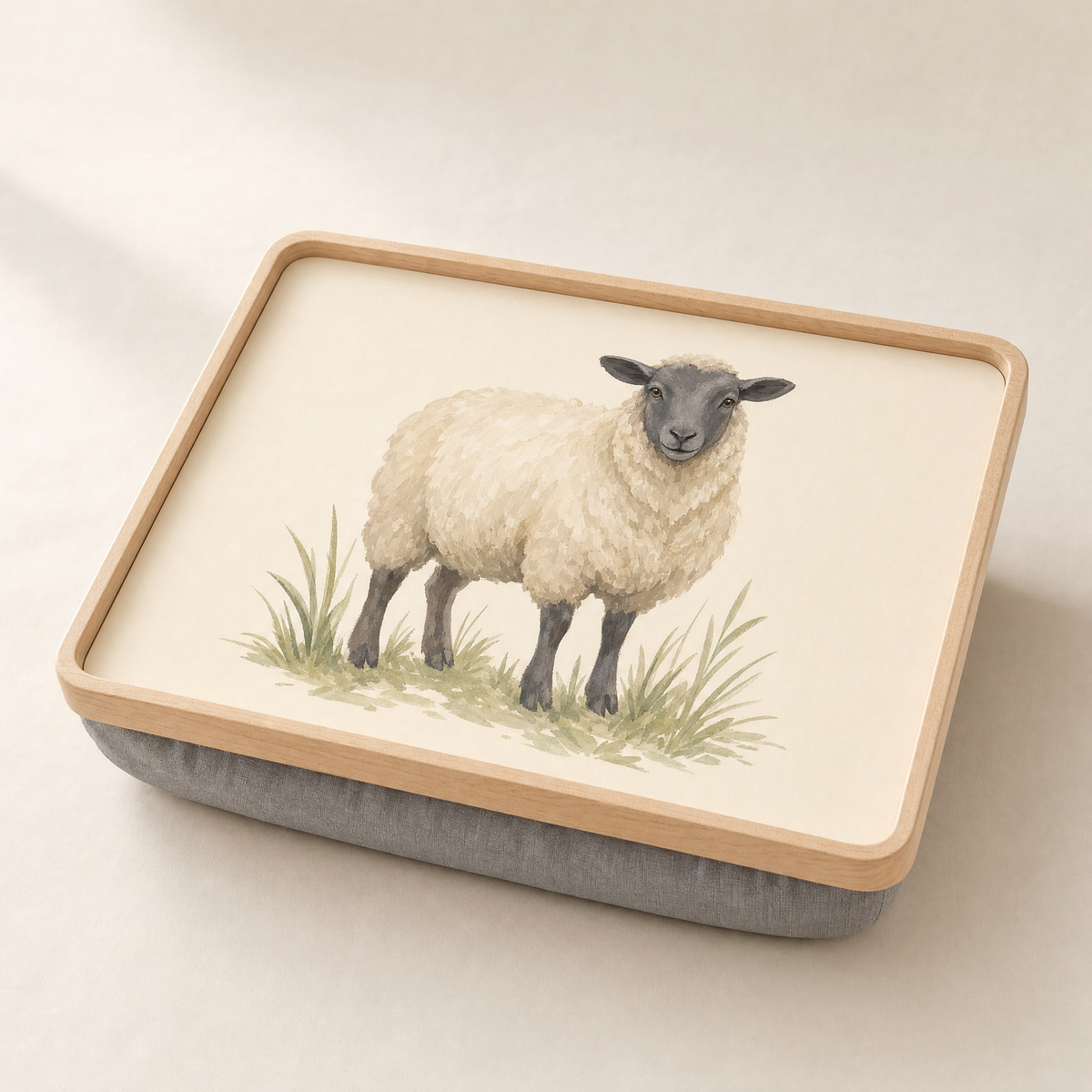 Wooden cushioned lap tray printed with a watercolour sheep among grass tufts
