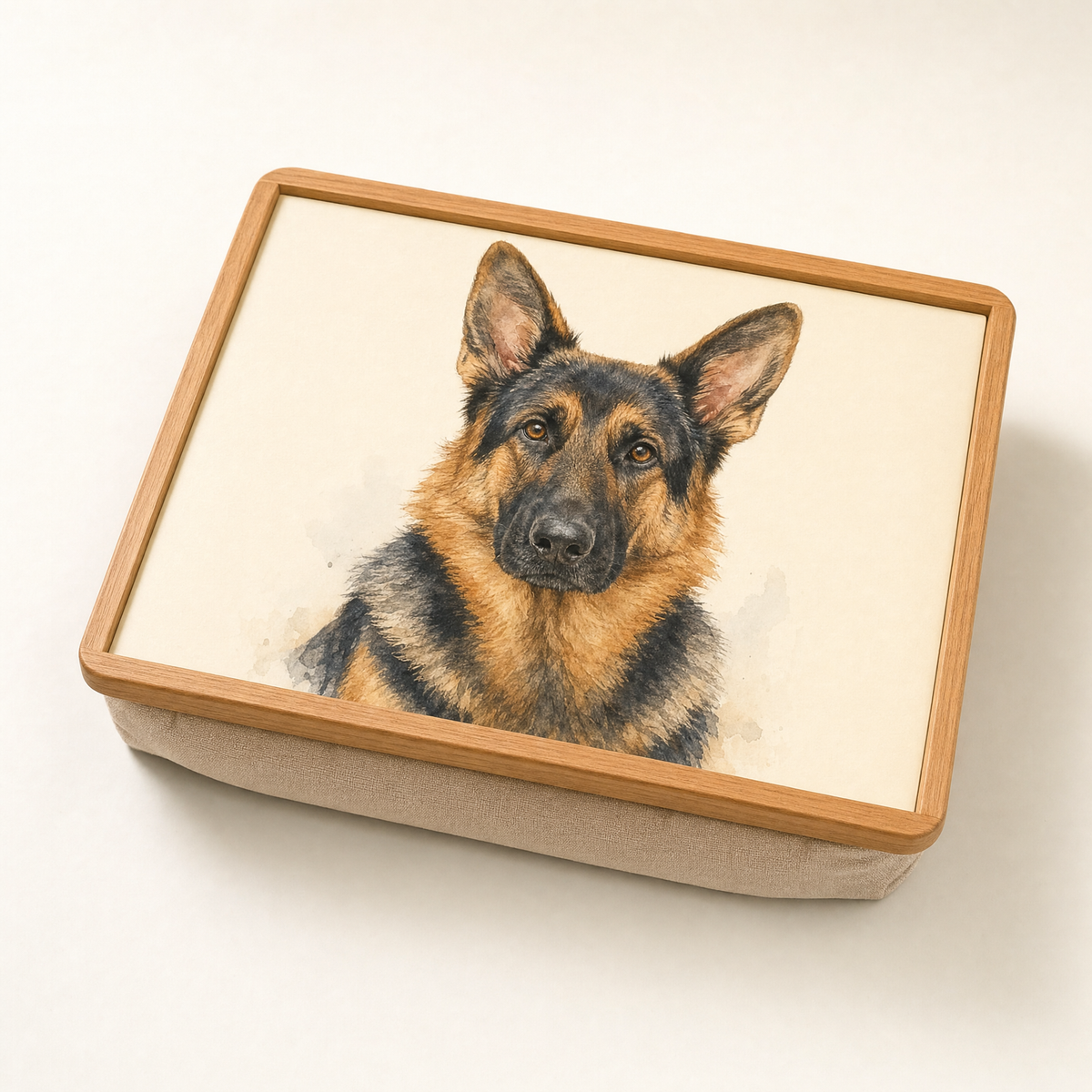 Wooden cushioned lap tray printed with a watercolour German shepherd portrait