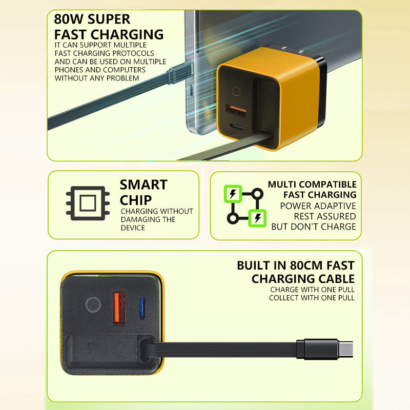 🔥3 in 1 GaN Charger,Scalable 80W MAX fast charger module with Type-C cable and 1 USB ports